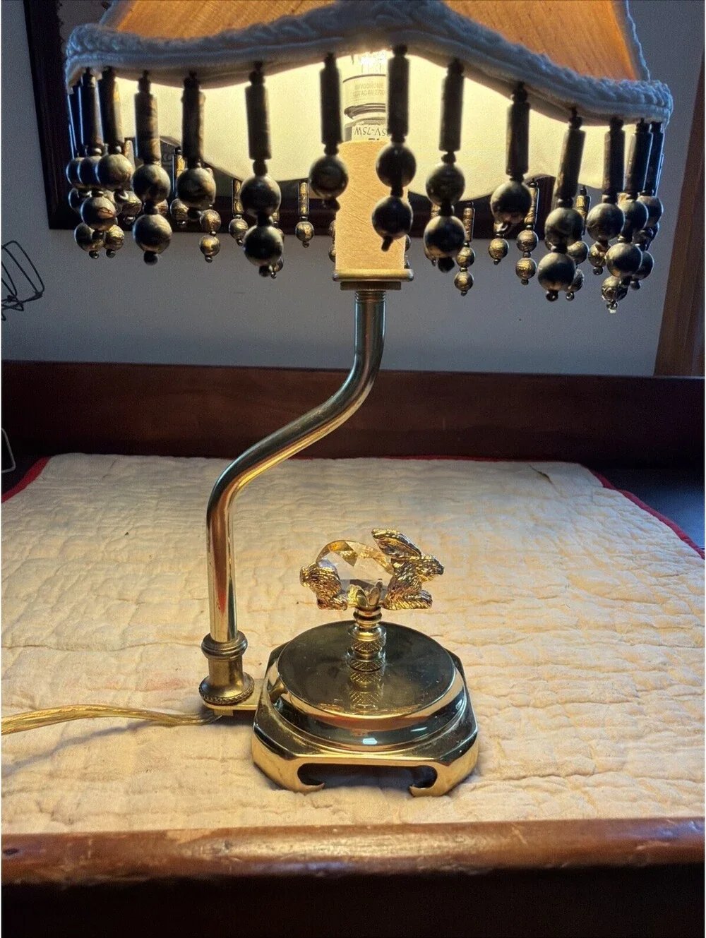 VTG Brass Table Lamp w/ Crystal Rabbit Figure Cottage Beaded Shade Shabby Chic